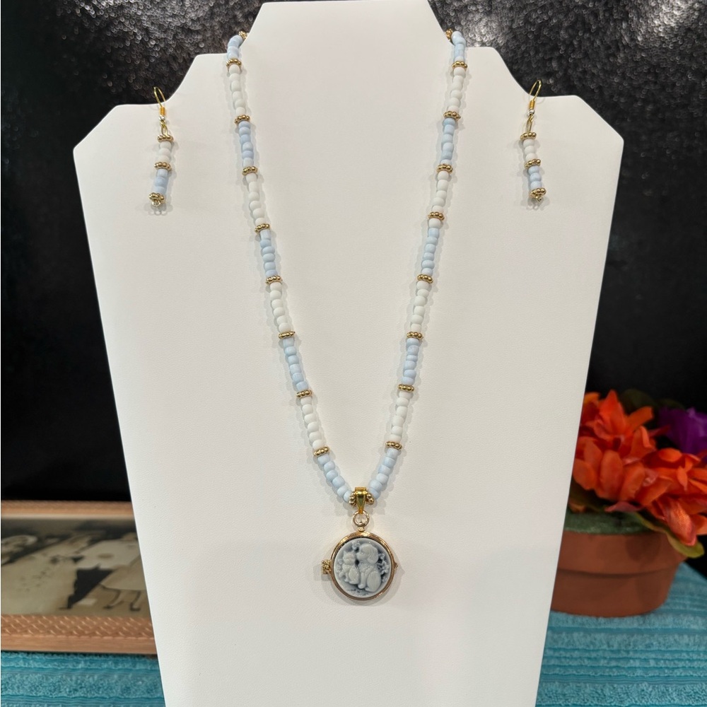 Elegant Blue and Gold Beaded Necklace and Earring Set